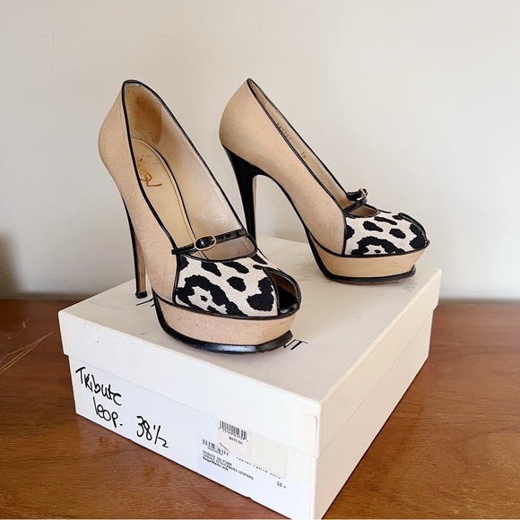 YSL • Tribute 105 Pump canvas leopard Mary Jane heels patent leather platform - Picture 16 of 16